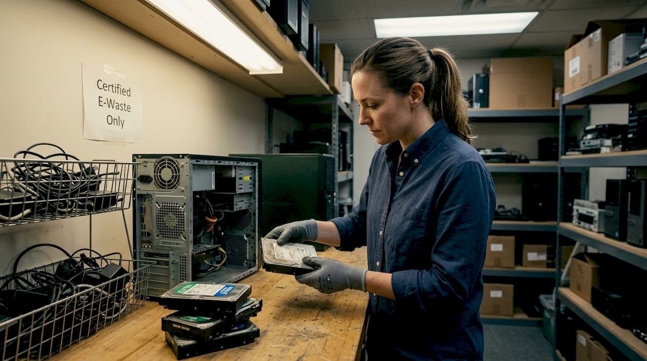 Technician handling business data drive destruction