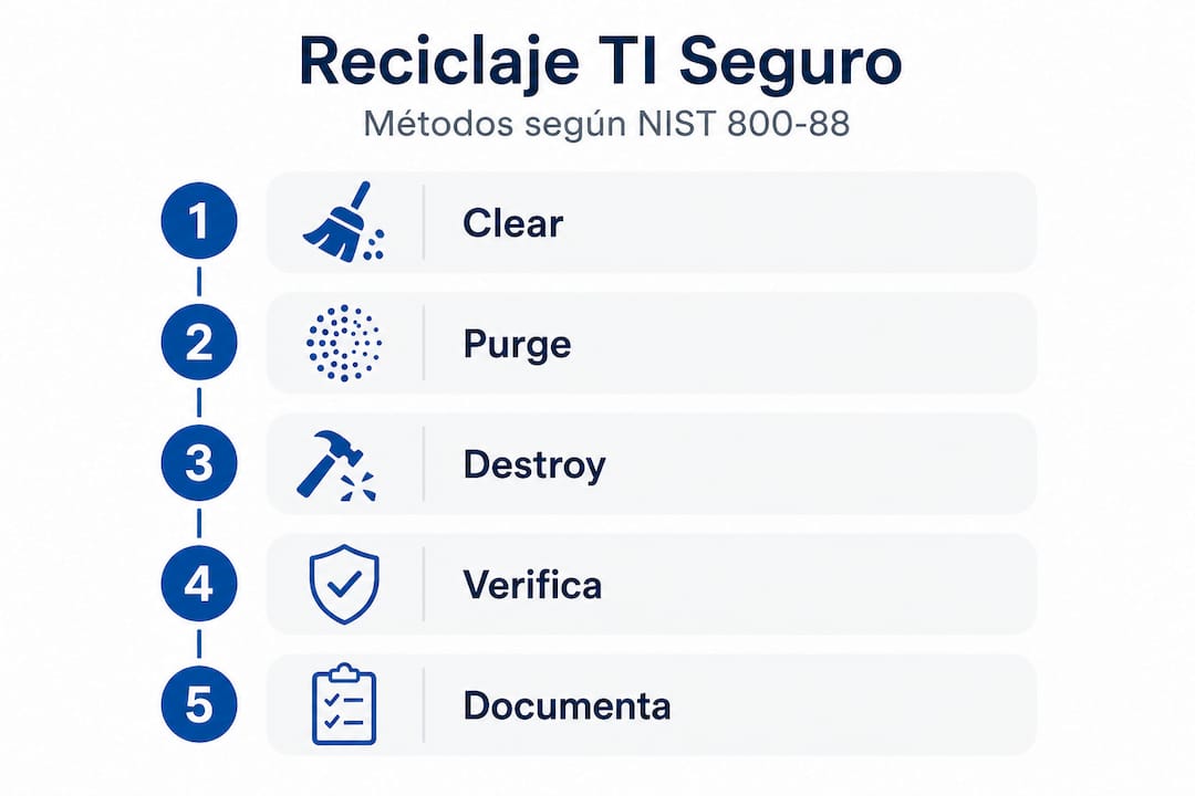 Infografía sobre las mejores prácticas para el reciclaje seguro de equipos TI según las recomendaciones de NIST