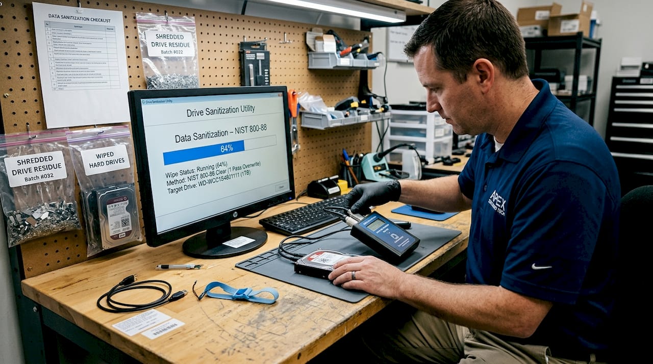 Technician performing hard drive data sanitization