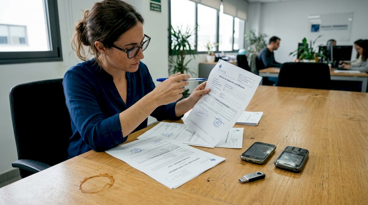 Una inspectora examina cuidadosamente los certificados que están sobre la mesa.