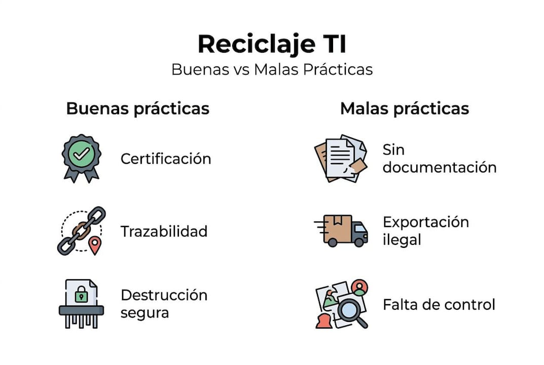Infografía sobre prácticas recomendadas y errores comunes en el reciclaje de equipos tecnológicos