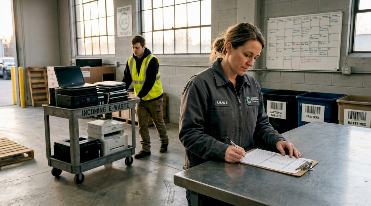 Supervisor reviews electronics recycling audit form
