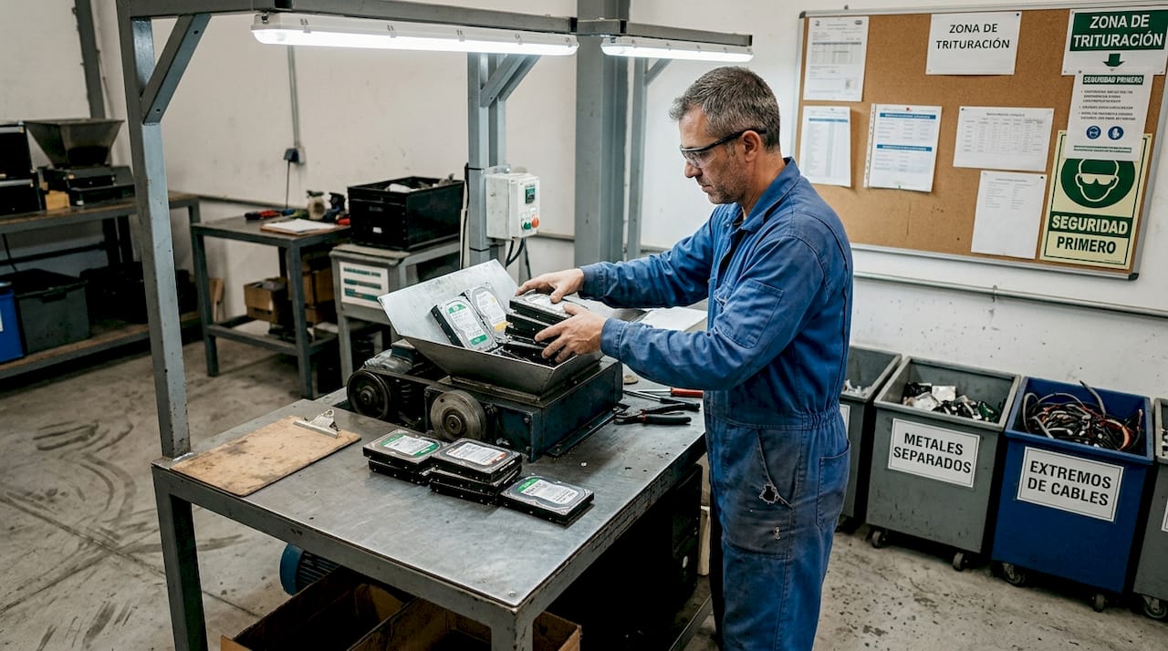 Técnico eliminando discos duros en una planta de reciclaje