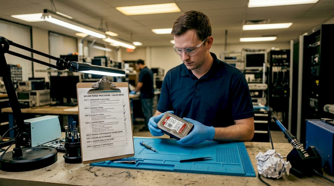 Technician preparing hard drive for secure purge