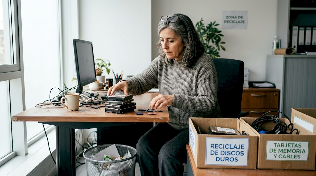 Mujer depositando aparatos electrónicos en un punto de reciclaje seguro