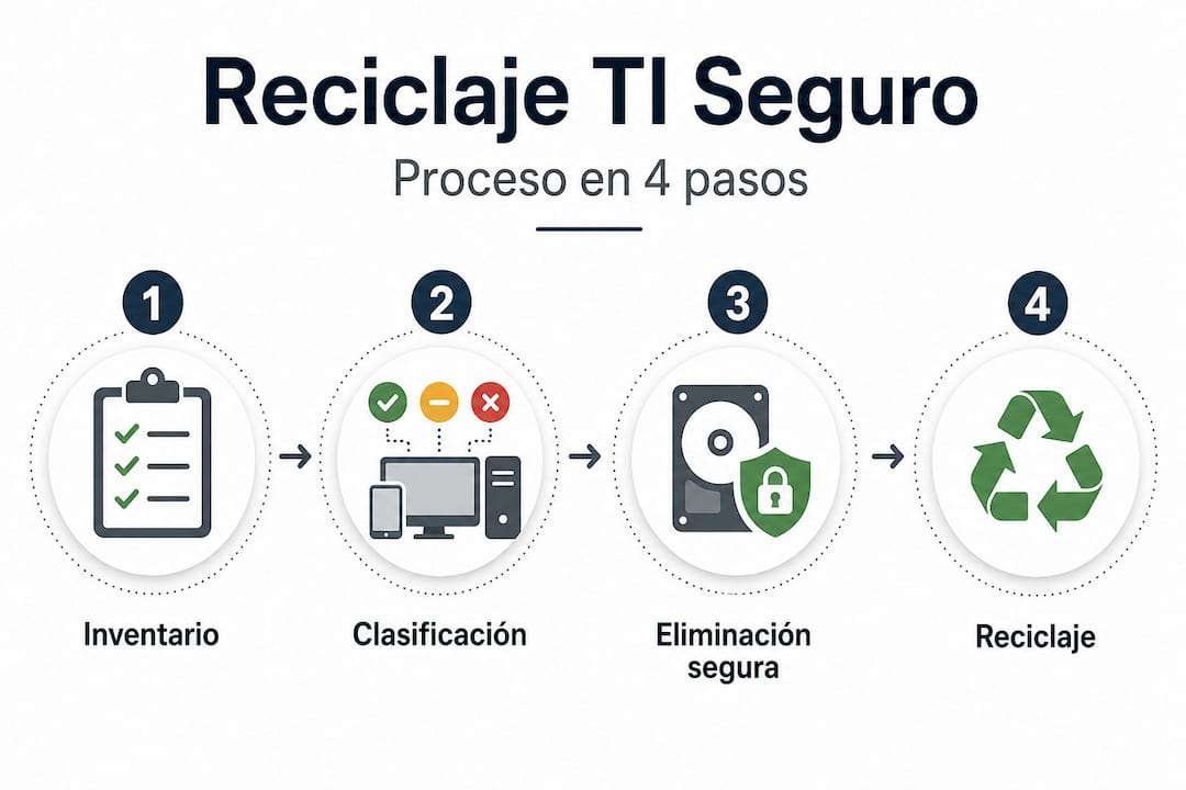 Infografía sobre el ciclo seguro de reciclaje de equipos tecnológicos