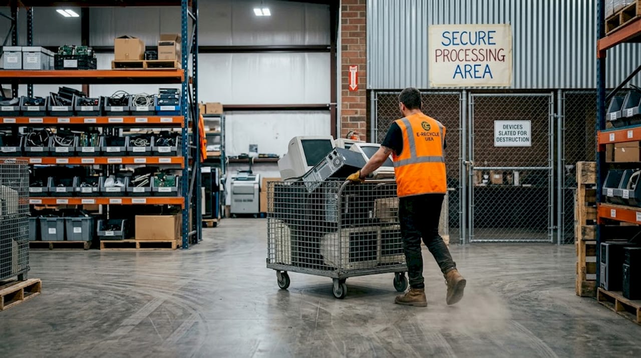 Worker transporting IT devices in recycling warehouse