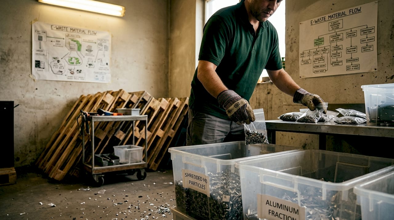 Technician sorts hard drive recyclables