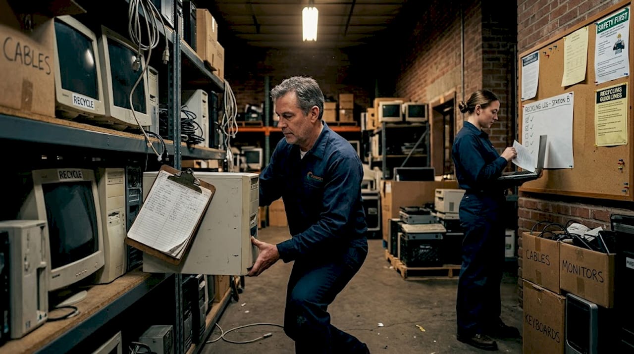 Team moving old computers to e-waste cage
