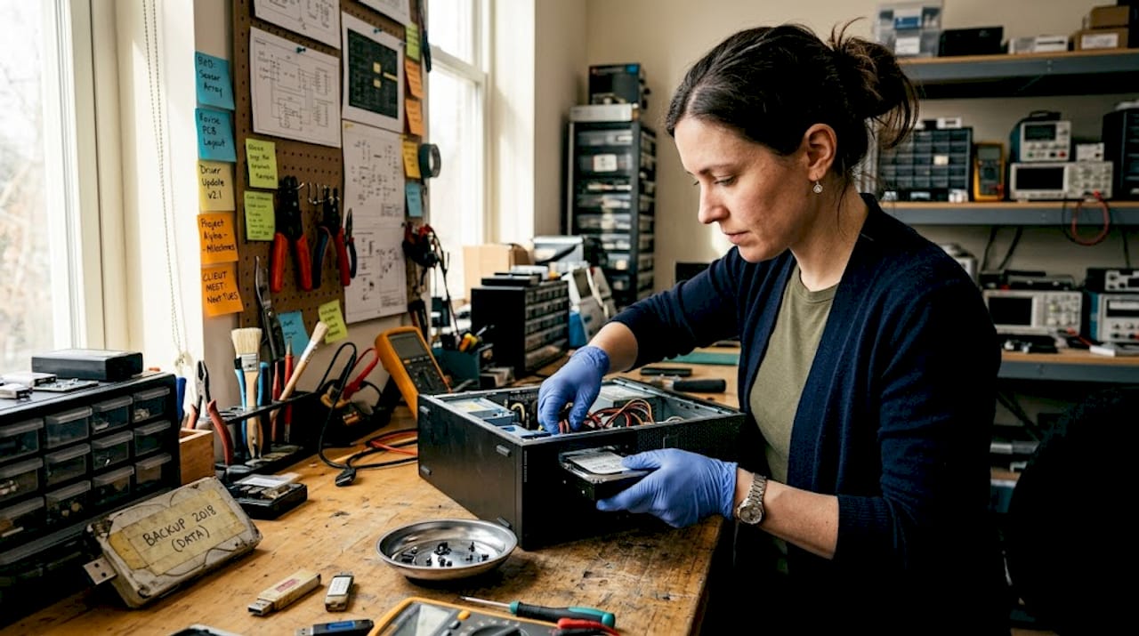 Woman removing hard drive for data destruction