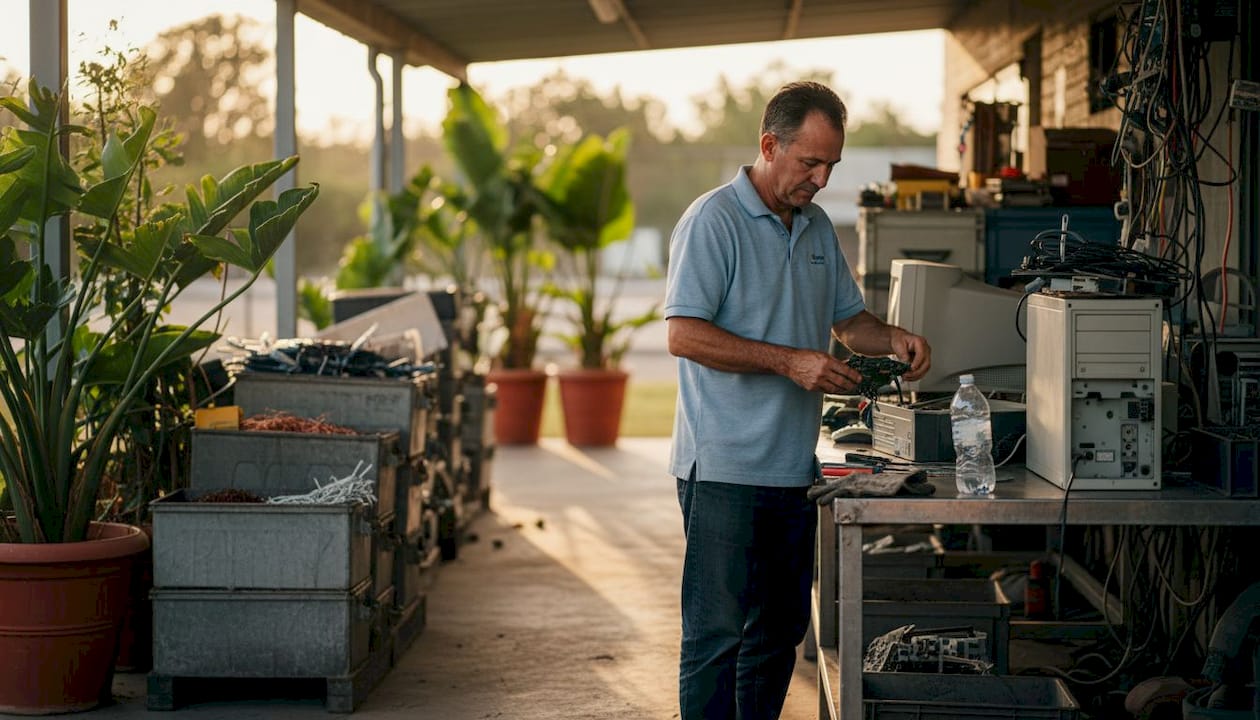 Trabajador desarmando una computadora para su reciclaje