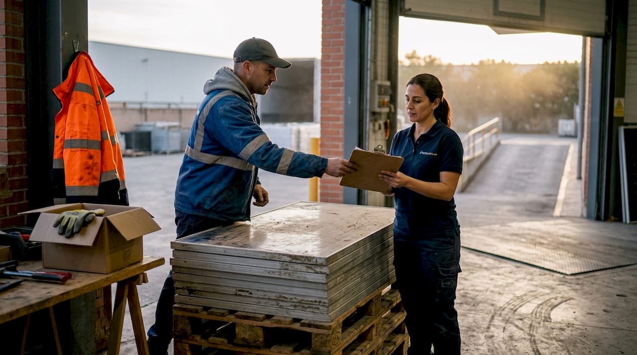 Empleado entregando la documentación necesaria para el traslado de paneles solares.