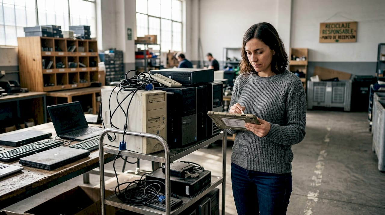 El responsable de informática revisa los equipos electrónicos antiguos de la oficina.