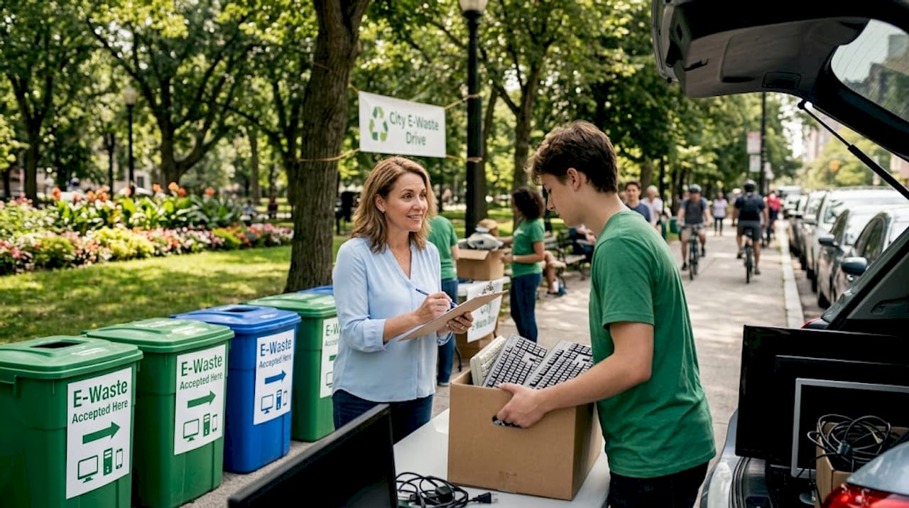Employee checking e-waste at outdoor collection