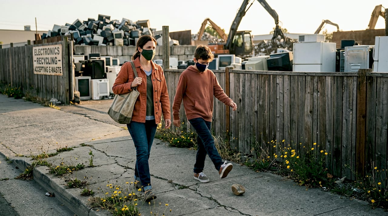 Family passes landfill with visible e-waste