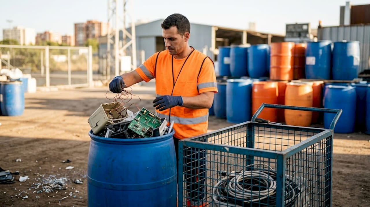 Empleado separando metales de plásticos provenientes de residuos electrónicos