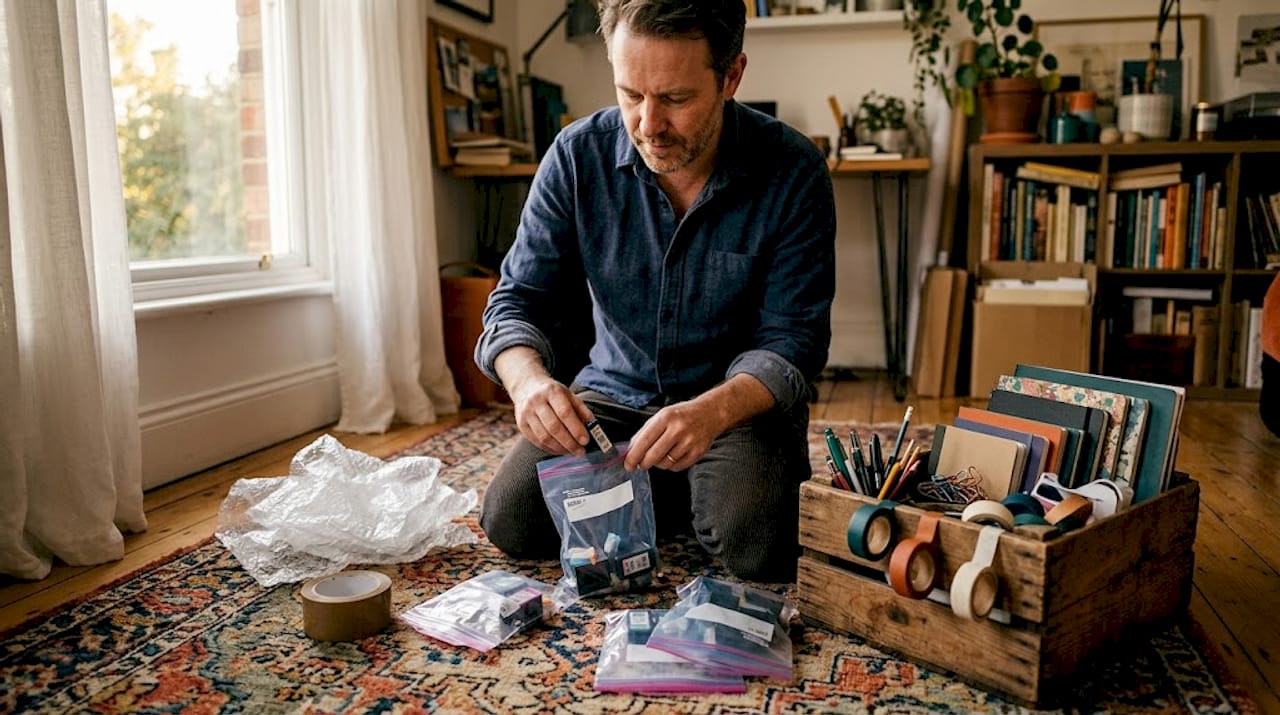Man gathers printer recycling materials at home