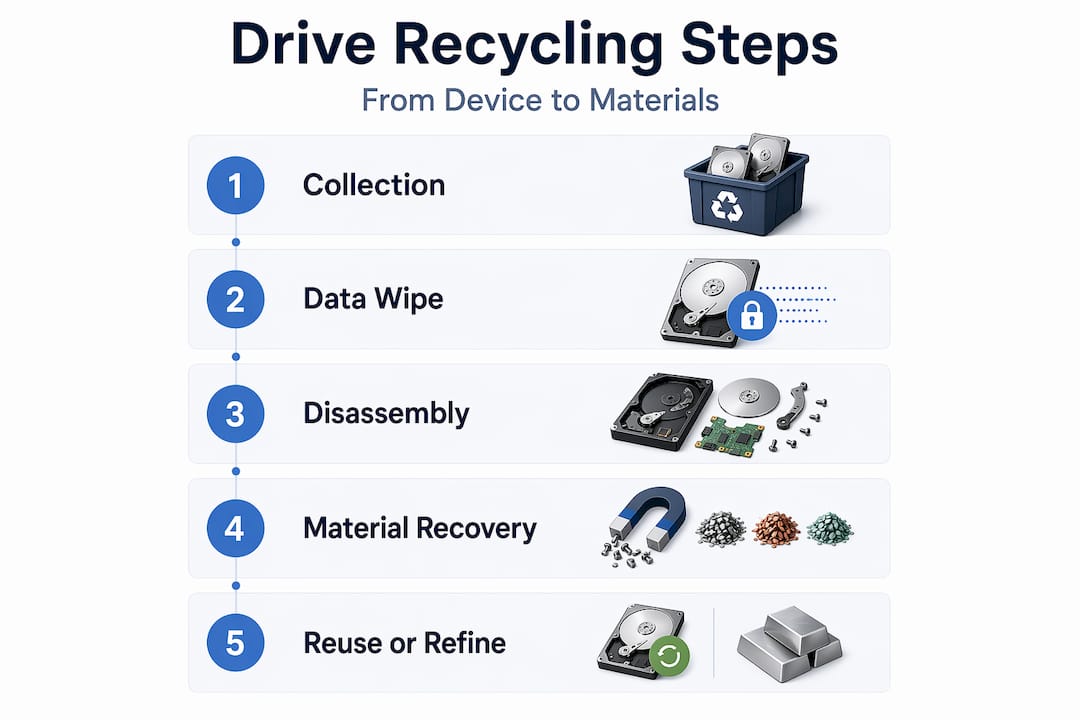 Infographic outlining hard drive recycling steps