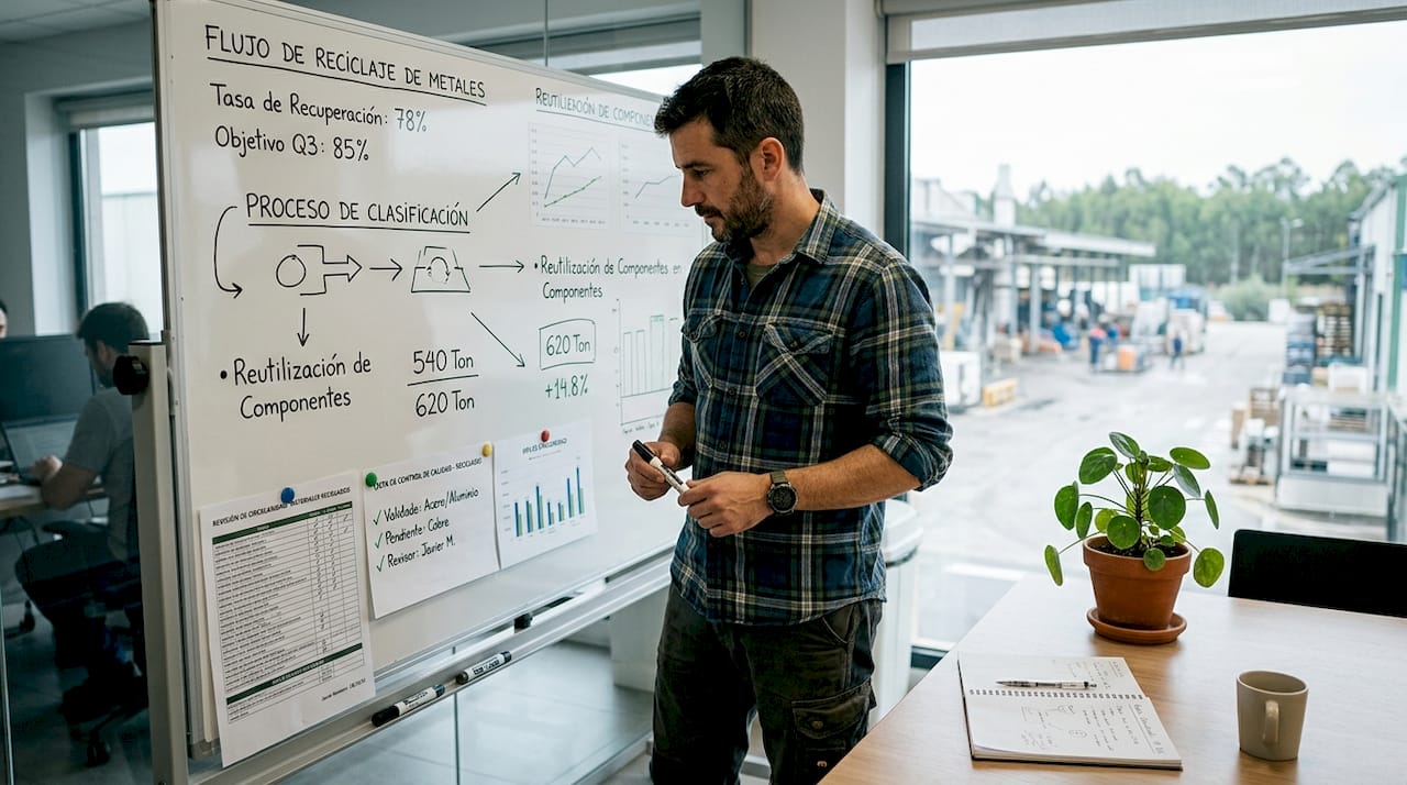 Supervisor analizando la pizarra con información sobre circularidad y estándares ISO.