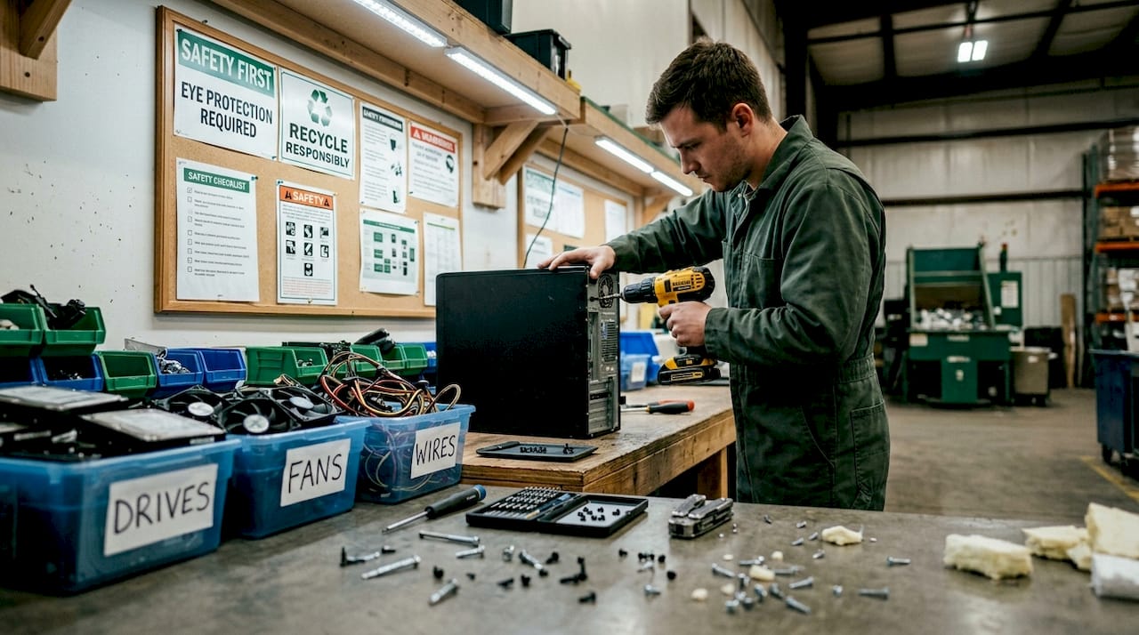 Technician dismantling computers for recycling