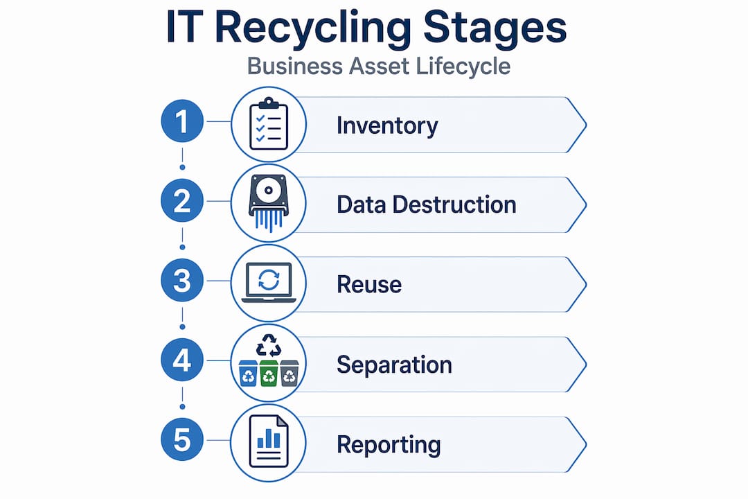 Infographic of main IT recycling stages numbered