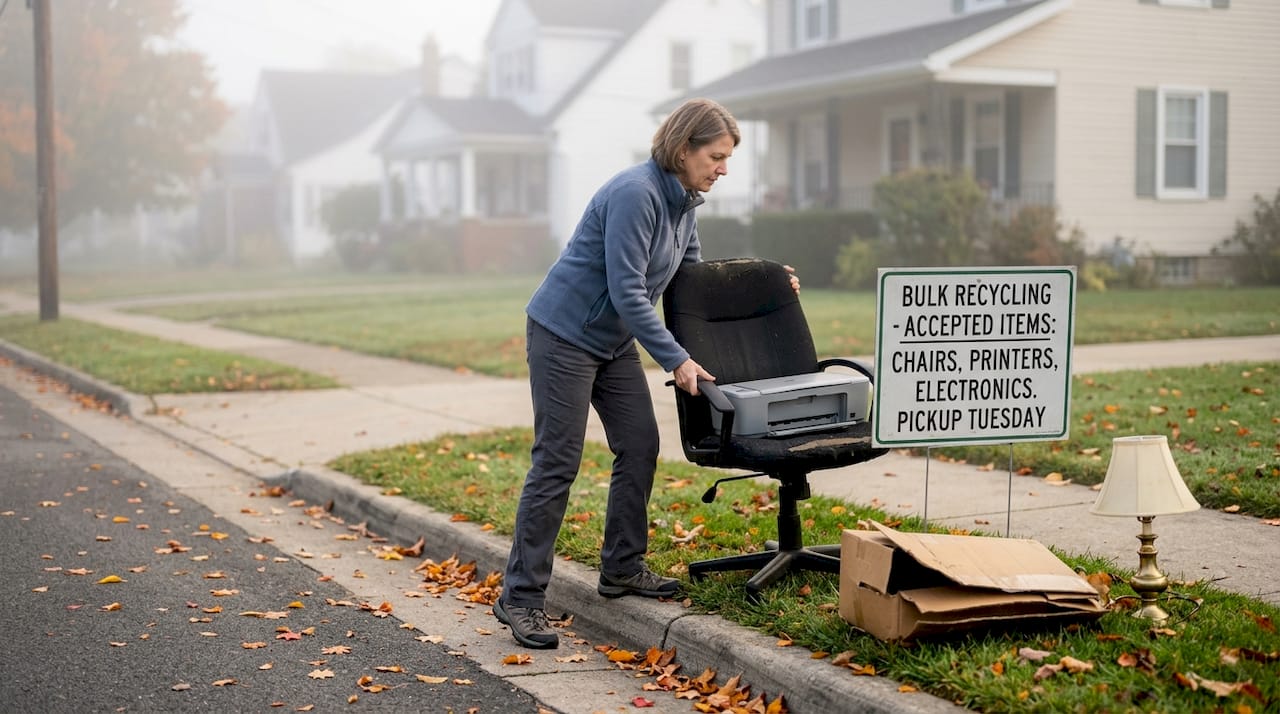 Woman placing bulk items out for recycling pickup