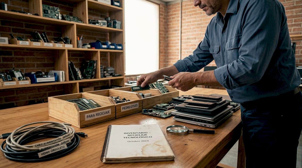 Especialista revisando y clasificando aparatos electrónicos en desuso para su reciclaje