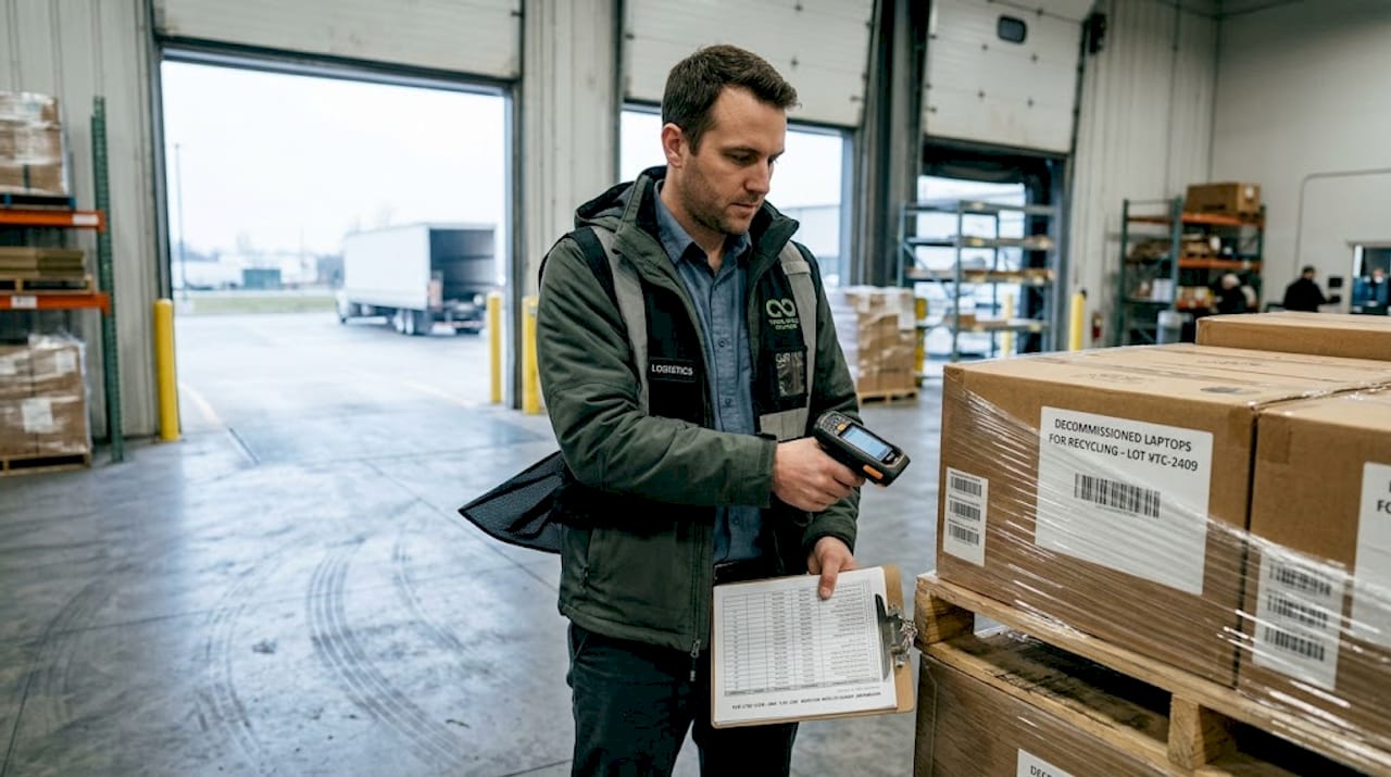 Coordinator verifying laptop shipment with documents