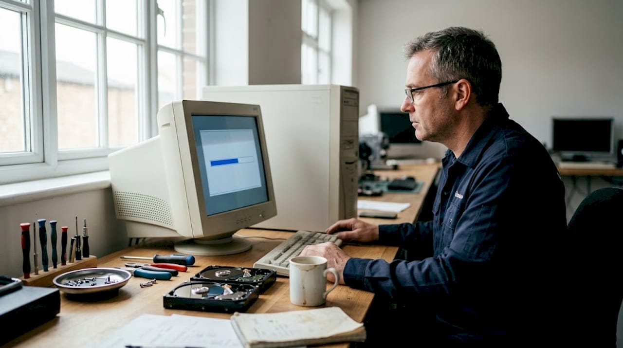Un ingeniero lleva a cabo el proceso de eliminación de datos en el taller.