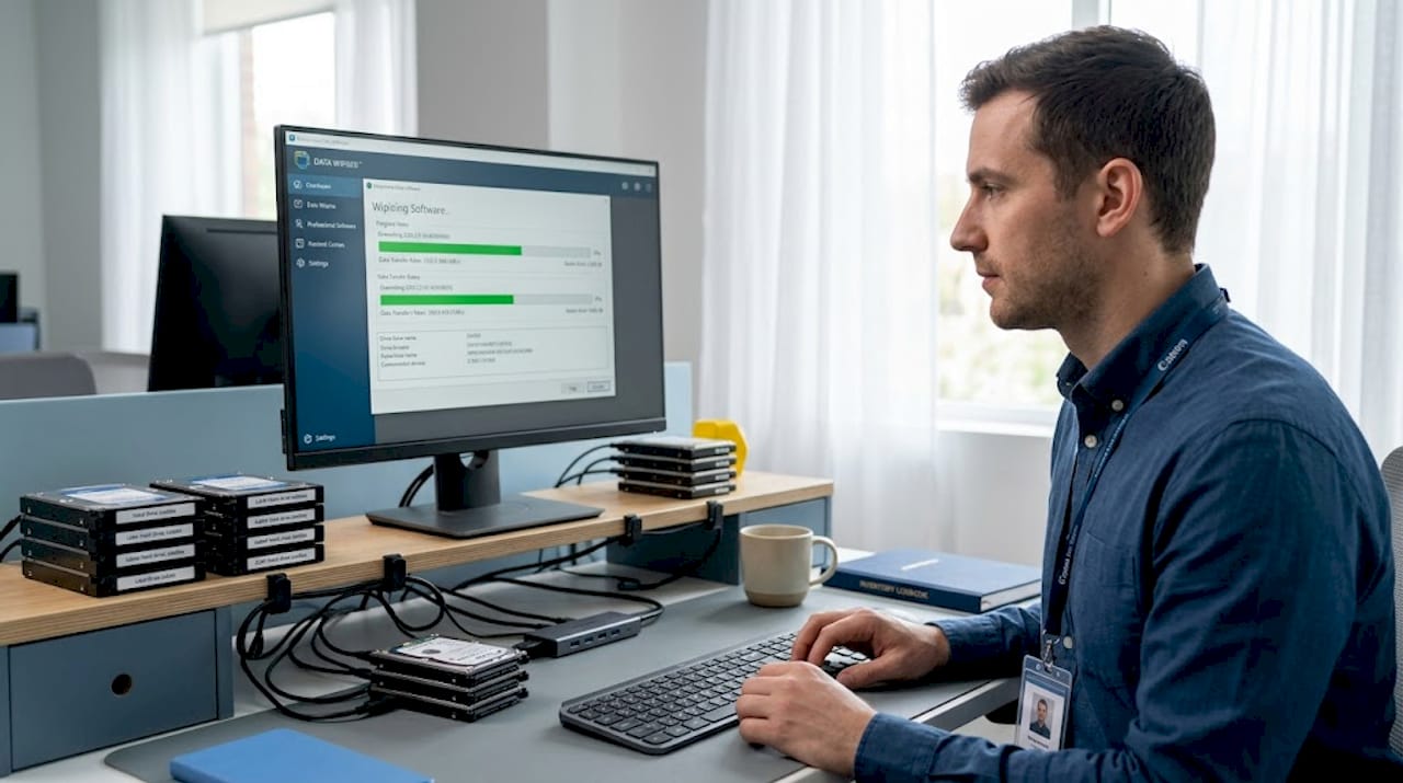 Technician wipes drives with data erasure software