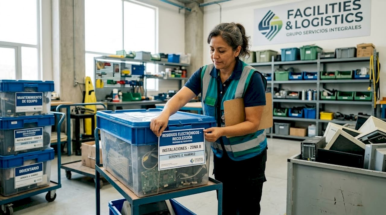 El encargado coloca una etiqueta en el contenedor de residuos electrónicos que está en el almacén.