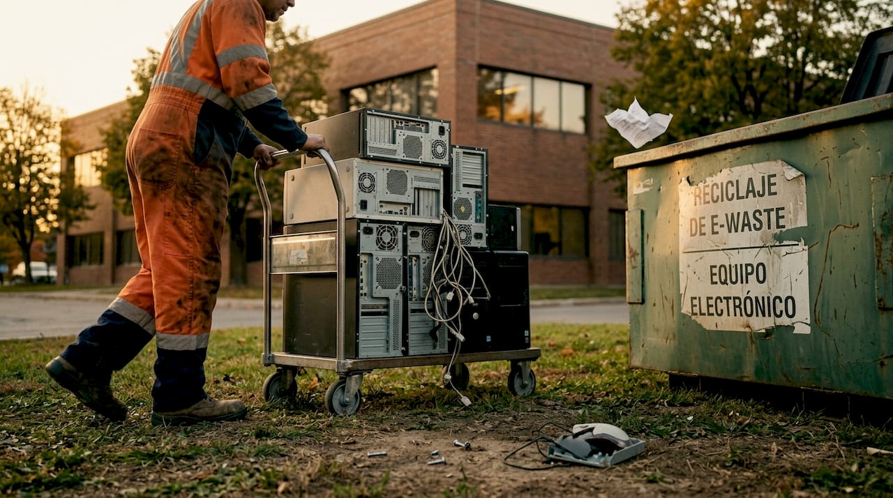 Empleado entregando equipos electrónicos de oficina para su reciclaje