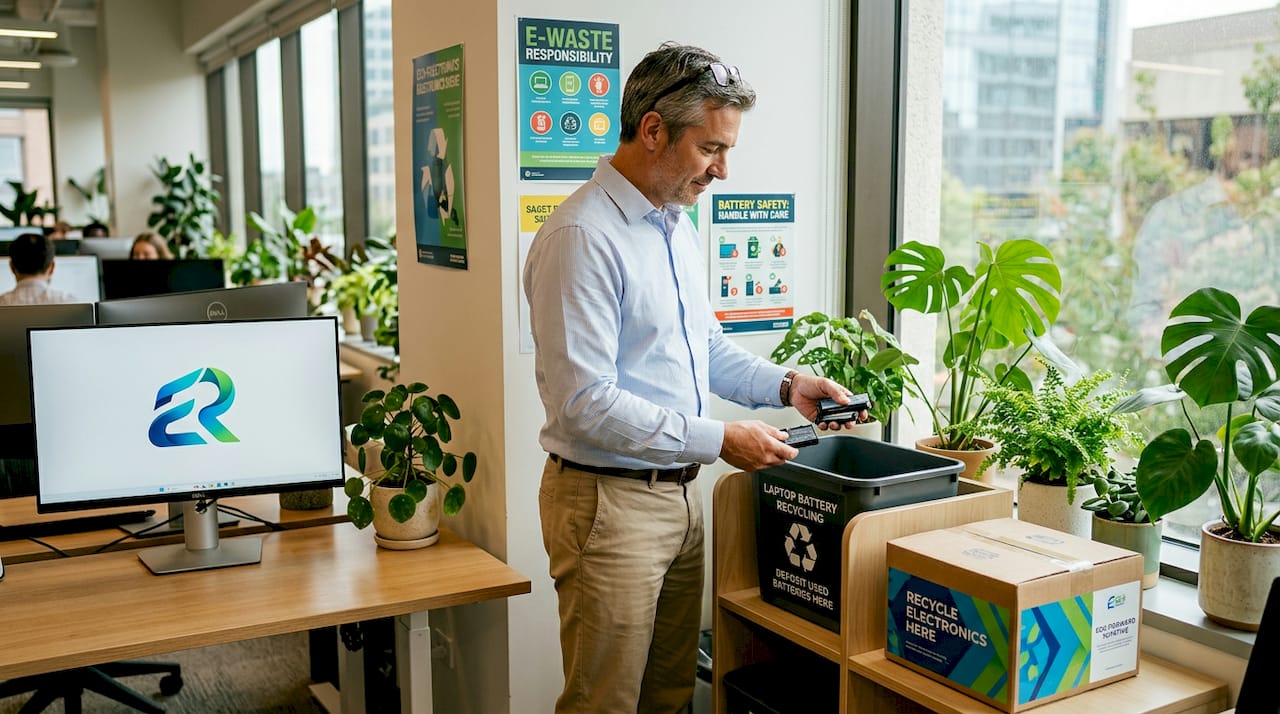Man placing laptop batteries in recycling bin