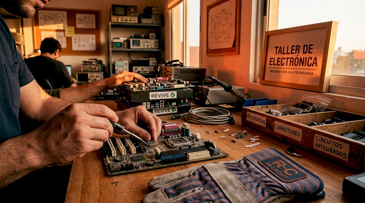 Manos dando una segunda vida a componentes electrónicos