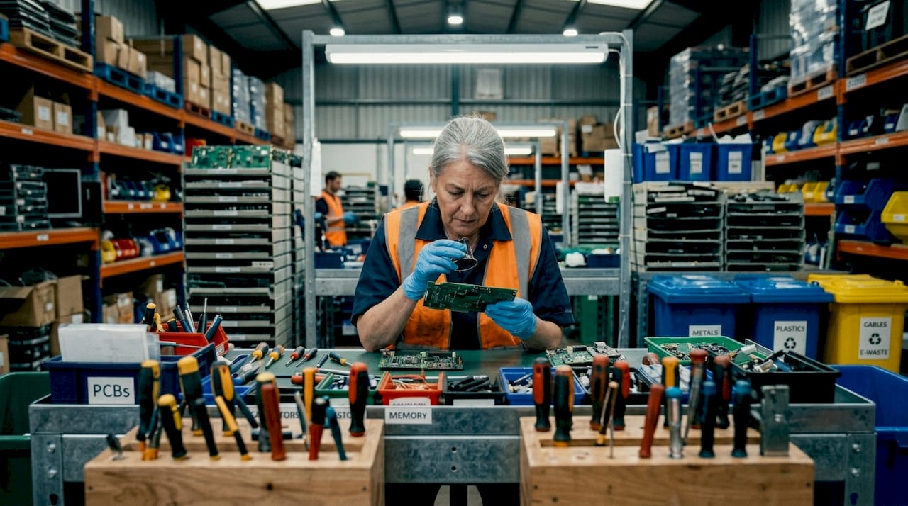 Technician sorting e-waste components in facility