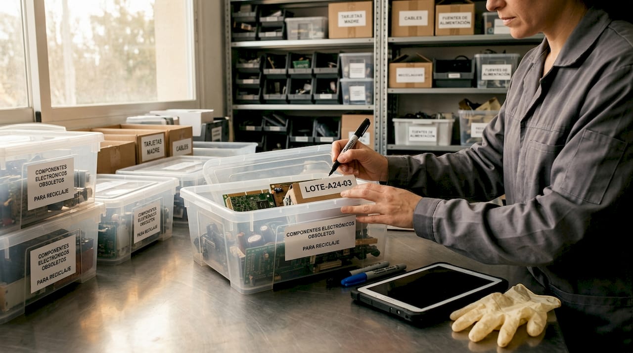 Personal colocando etiquetas en residuos electrónicos para asegurar su seguimiento y control