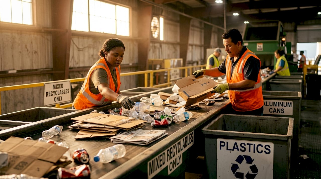 Workers sorting recyclables at facility