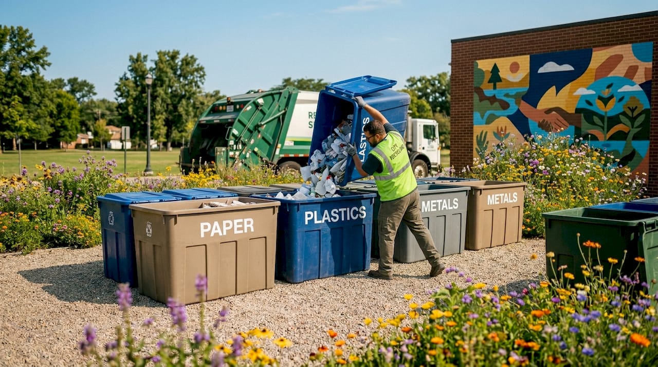 Municipal recycling collection bins and worker