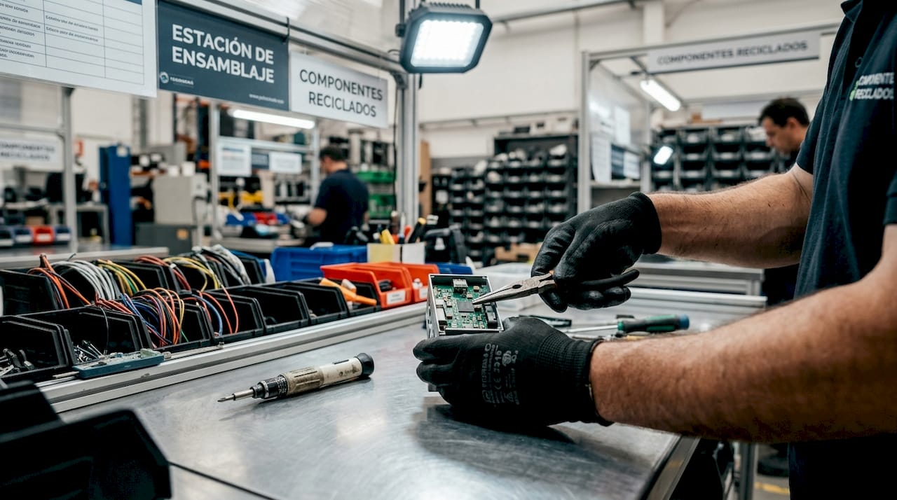 Manos trabajando en el montaje de piezas electrónicas reutilizadas