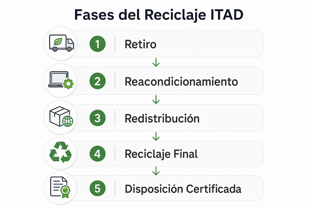 Infografía sobre las etapas del proceso de reciclaje ITAD en centros de datos