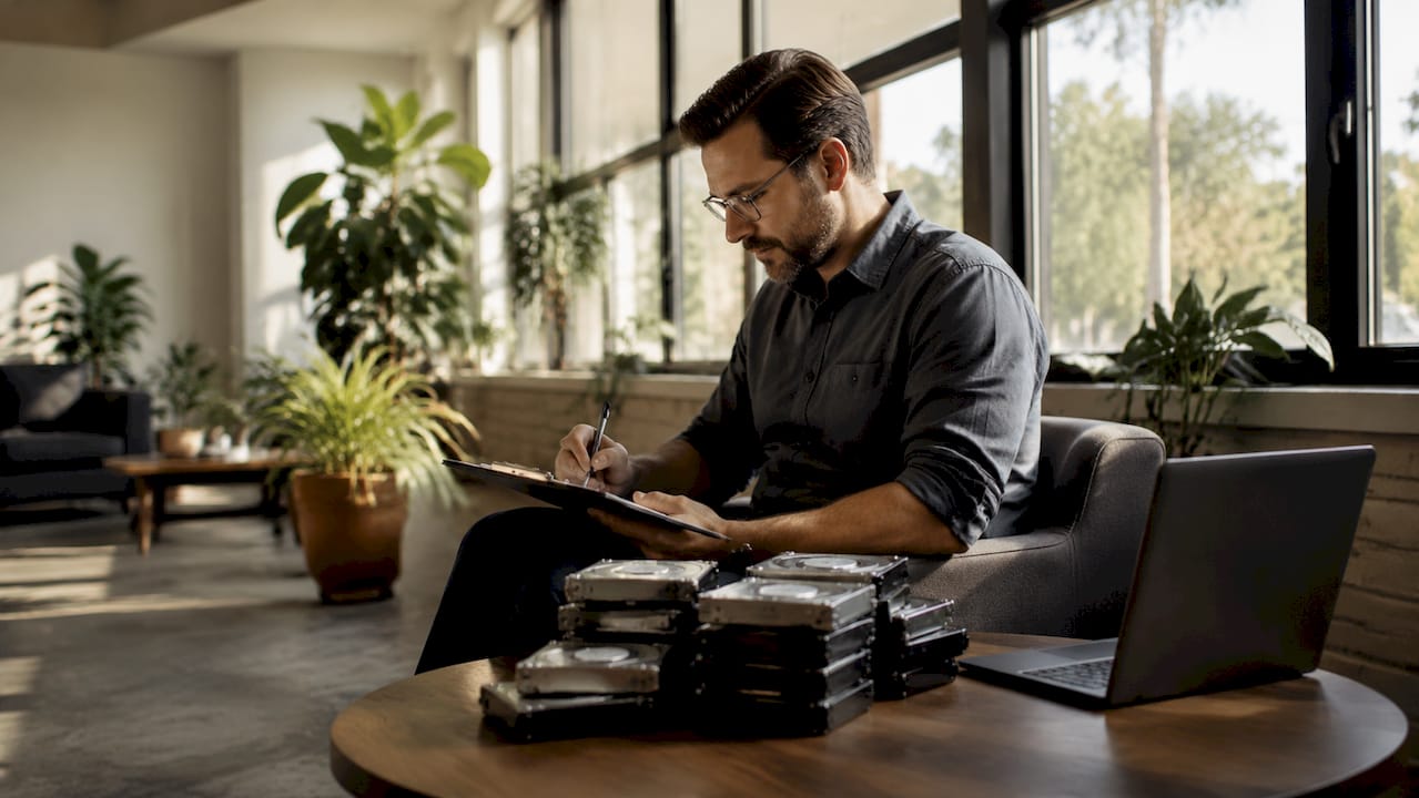 IT technician logging hard drive serial numbers