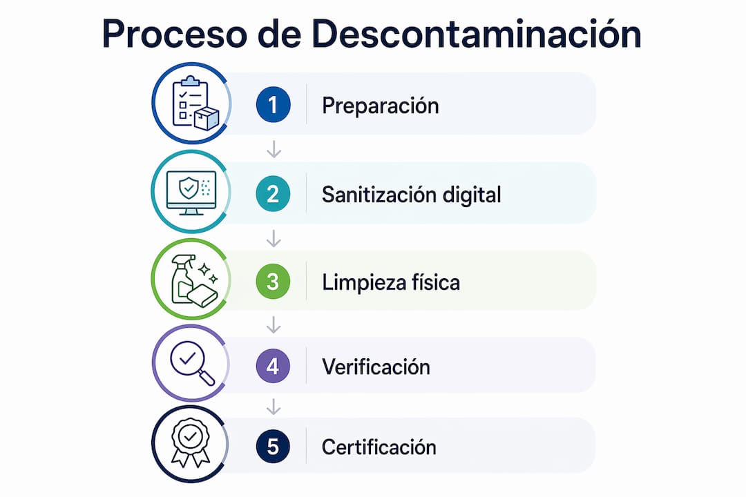 Infografía que explica, paso a paso, cómo se realiza la descontaminación de dispositivos electrónicos