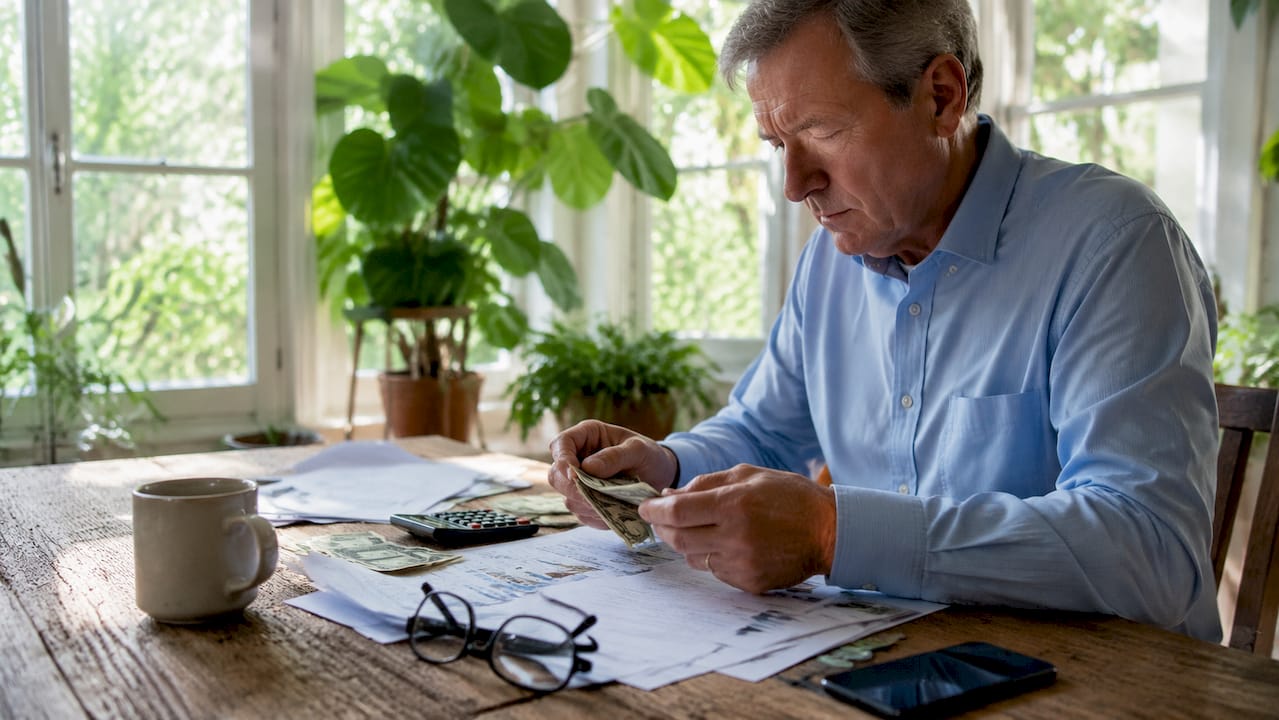 Close-up of hands organizing money and invoices