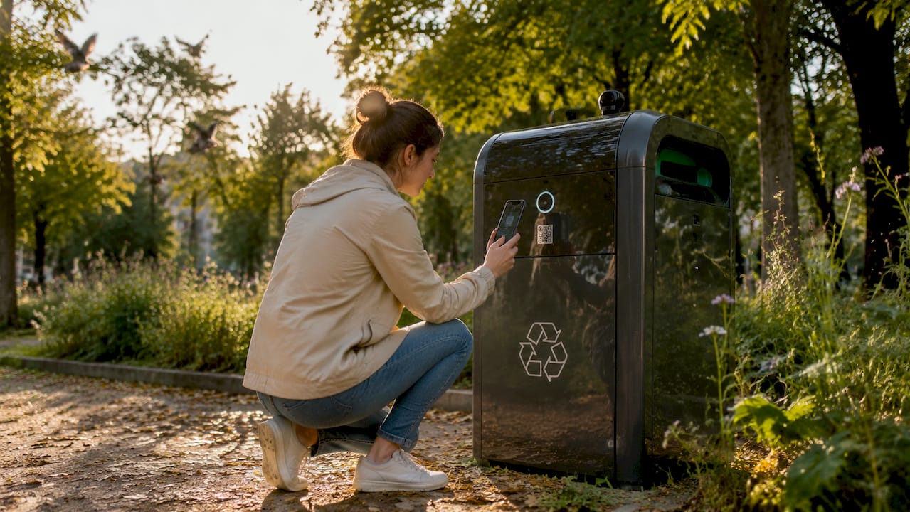 Una mujer deposita residuos en un contenedor inteligente de reciclaje
