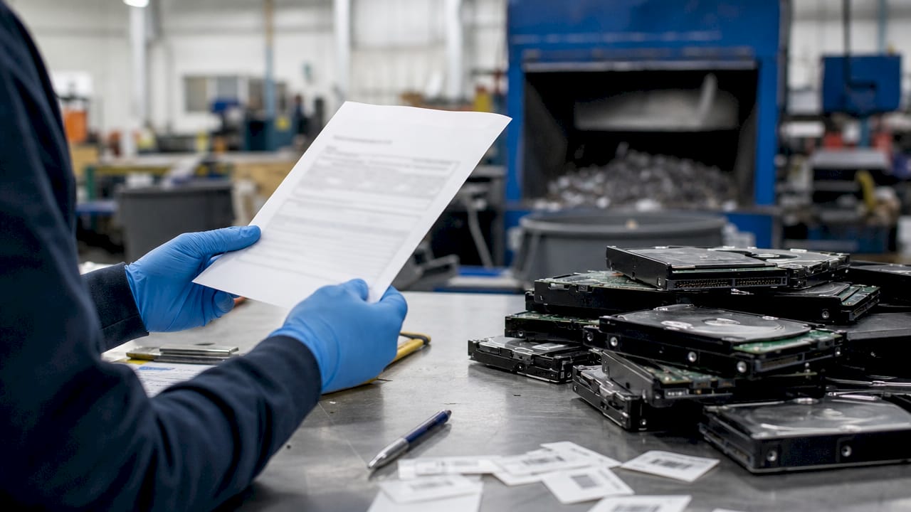 Hands verifying IT asset destruction certificate