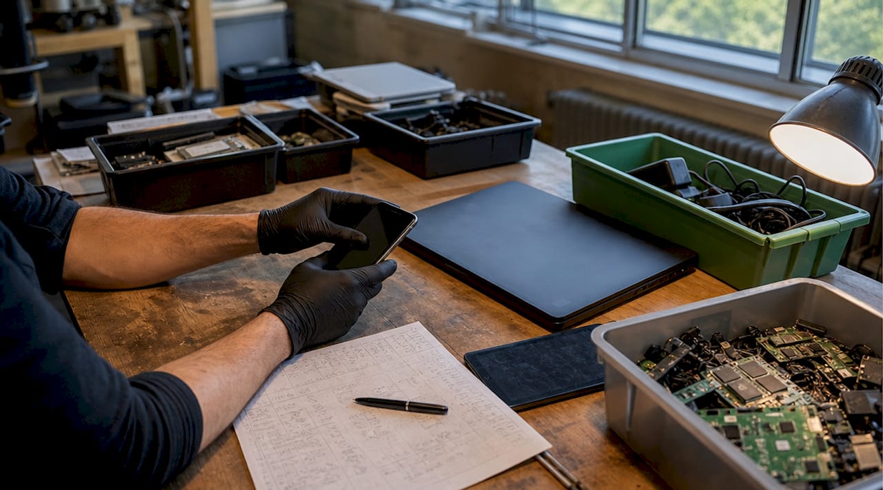 Close-up of hands tagging electronic devices for disposal