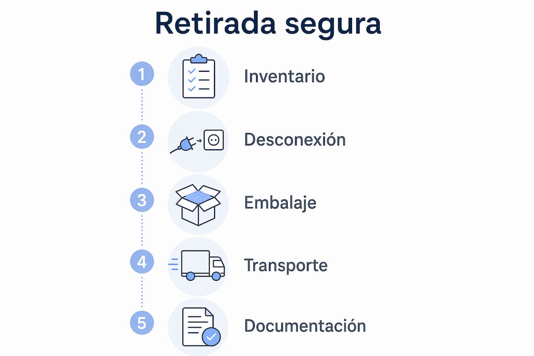 Guía visual con los pasos clave para una correcta y segura retirada de equipos médicos electrónicos
