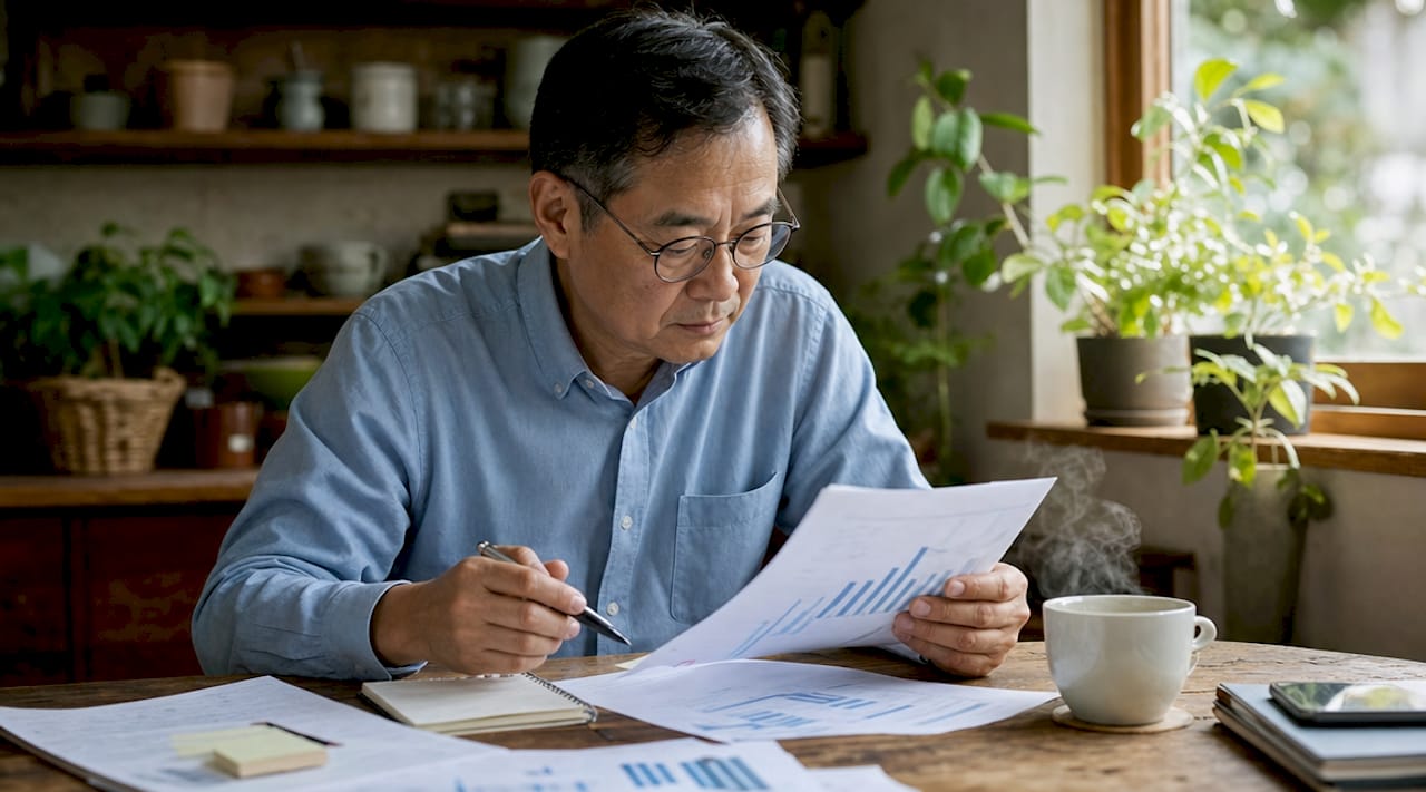 Hands using calculator with financial documents
