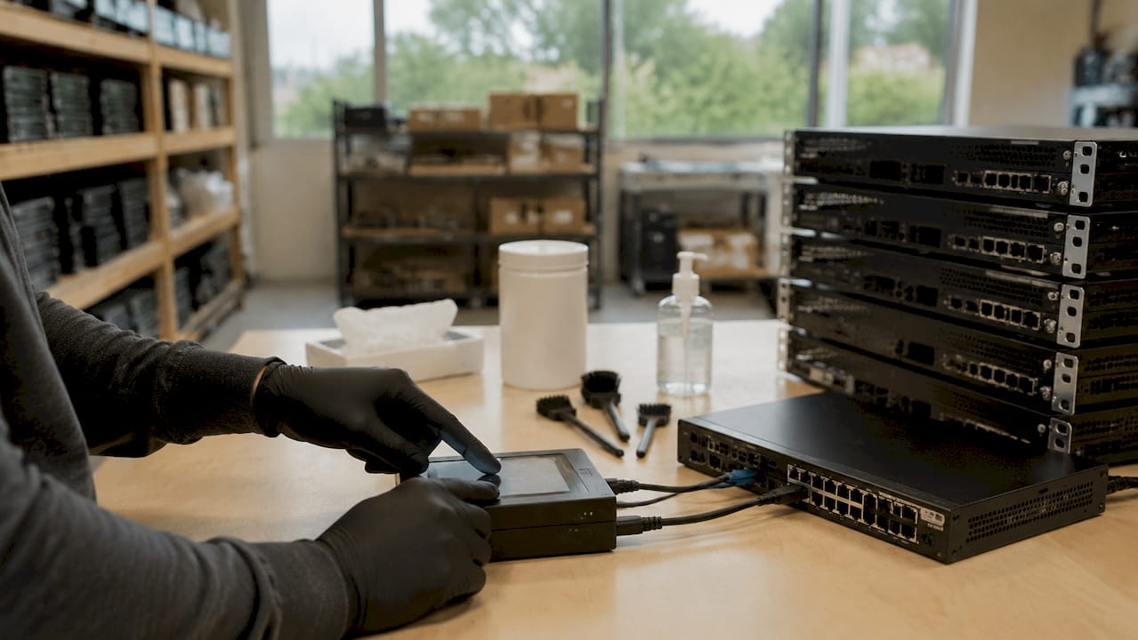 Hands performing data wipe on network router