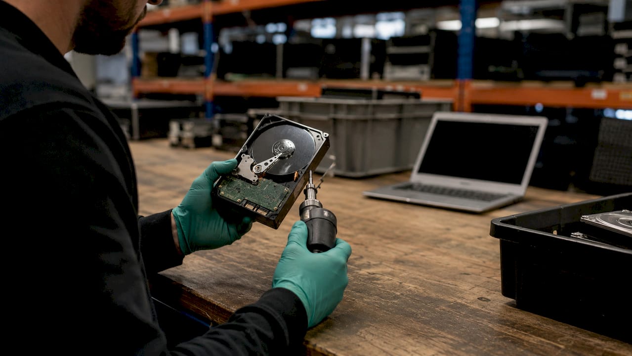 Hands sanitizing hard drive for data security
